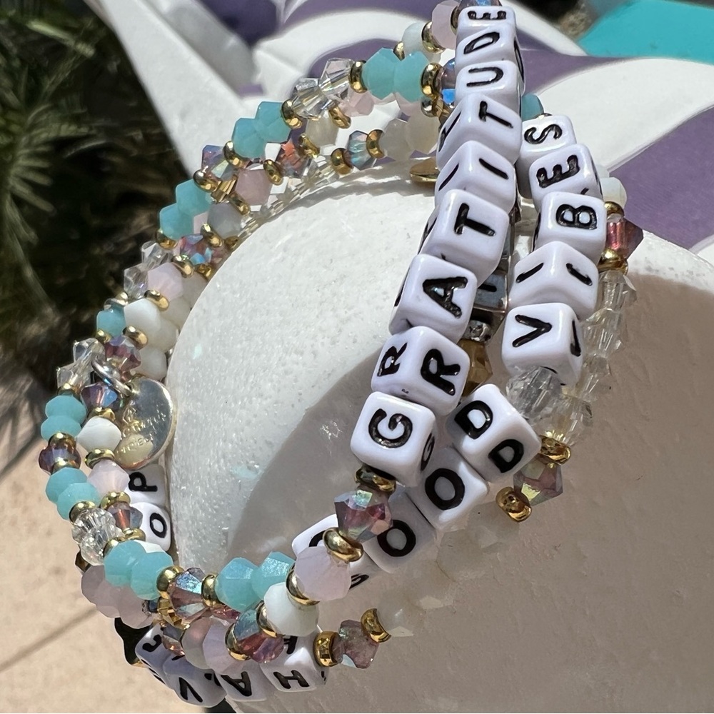 4 Little Words Project bracelets:  Gratitude, Have Hope, Good Vibes, and Inspire